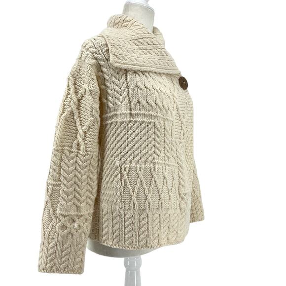 Clan Aran Women's S Cream Merino Wool Patchwork Knit Cardigan Collar Button - Picture 6 of 11
